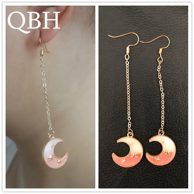 

EK2051 Korean Sweet Pink Universe Moon Star Drop Earrings Women Shining Pendientes Long Tassel Brincos Jewelry mujer bijoux