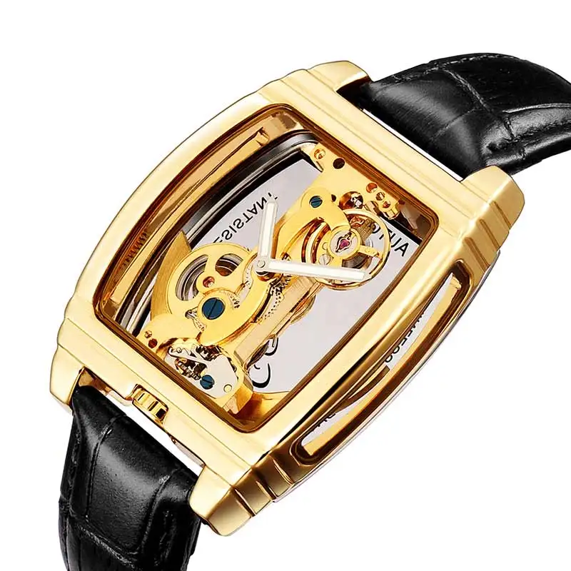 

Transparent Automatic Mechanical Watch Men Steampunk Unique Skeleton Design Self Winding Leather Mens Clock Watches montre homme