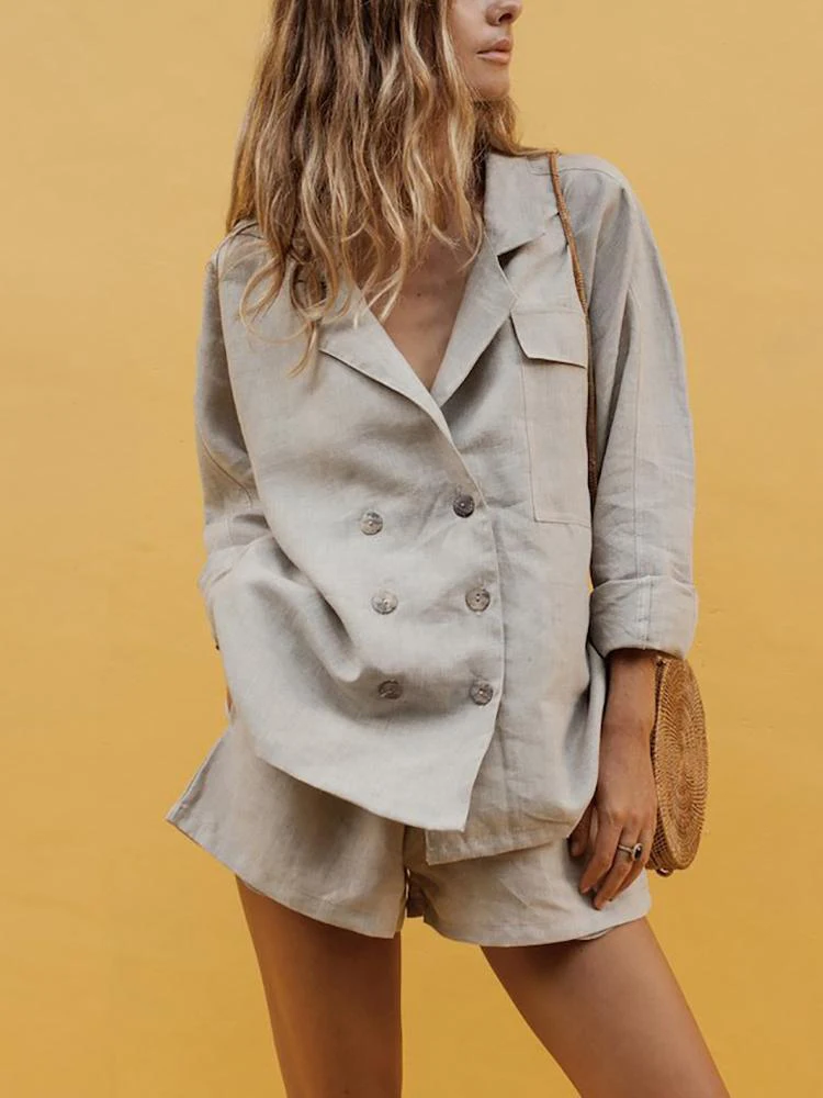 

Summer Casual Women's Two Piece Set 2019 Solid Vintage Tracksuit Double Breasted Tops and Elastic Waist Shorts 2 Piece Set Femme