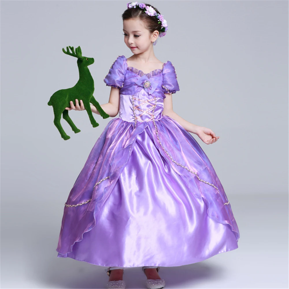 Платье Рапунцель для девочек День рождения запутанный Рождественский карнавальный костюм с цветочным рисунком для девочек Фиолетовый платья принцессы младенческой парик