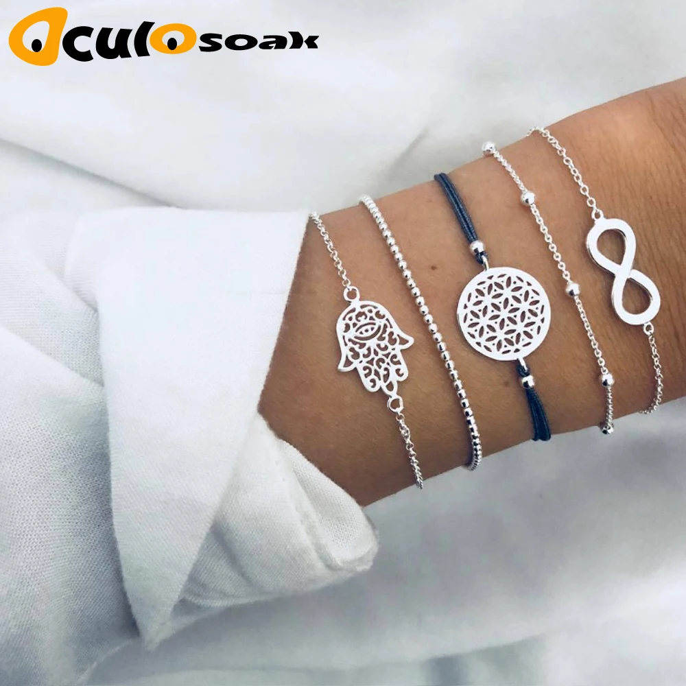 

5PCS/SET Vintage Bohemia Silver Color Hollow Out Palm Charm Bracelet Sets For Women Rope Chain Bracelets Beads Jewelry Gifts