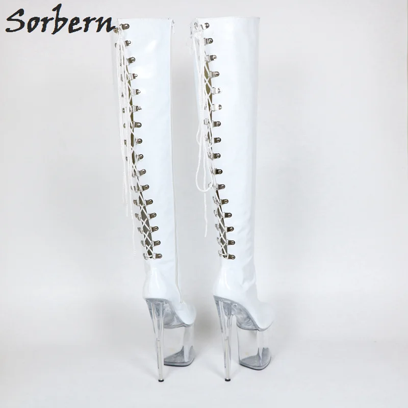 Sorbern пользовательские унисекс широкие икры сапоги Для женщин Прозрачный каблук сапоги кружева сзади на высоком каблуке Для женщин в