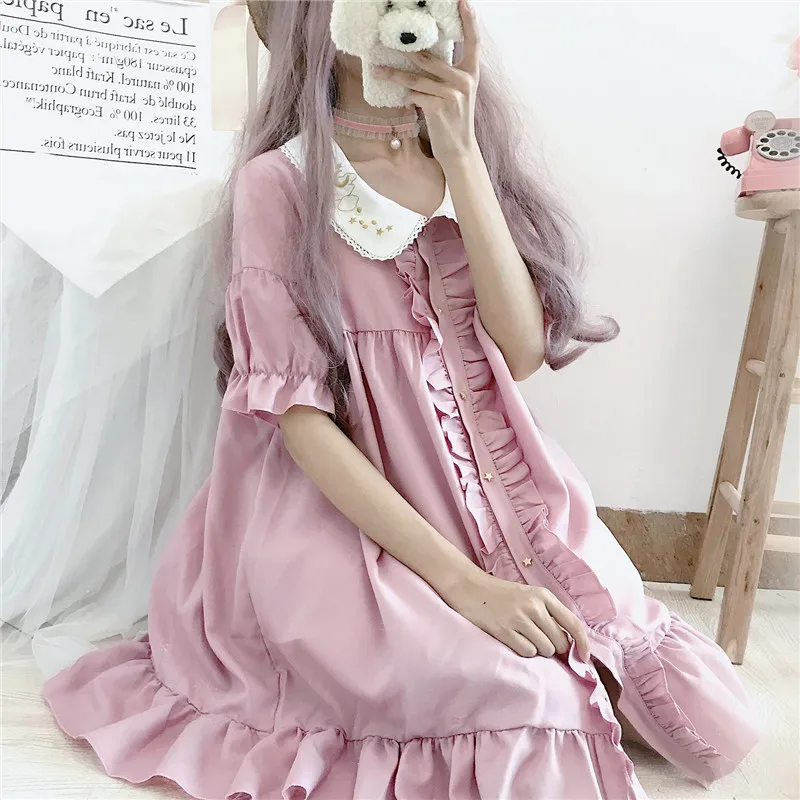 Kawaii, платье в японском стиле Лолиты, женское летнее мягкое платье с милым вышитым кукольным воротником, свободное платье с короткими рукавами и оборками, милое платье - Цвет: short sleeve