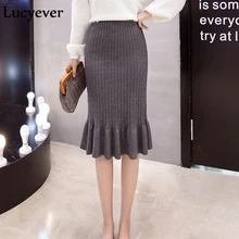 Lucyever Сексуальная Осенняя Женская трикотажная юбка зима Кружева Высокая талия черный рыбий хвост, средний размер юбка модная повседневная Офисная Леди Faldas