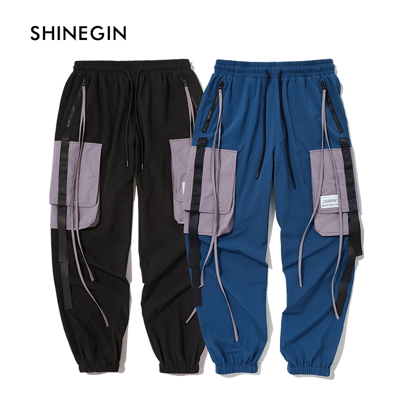 SHINEGIN Swag Ribbon Pants Hip Hop Cargo Pant Streetwear Men Harem Pants Patchwork Multi Pocket Trousers Casual Tatical Pants