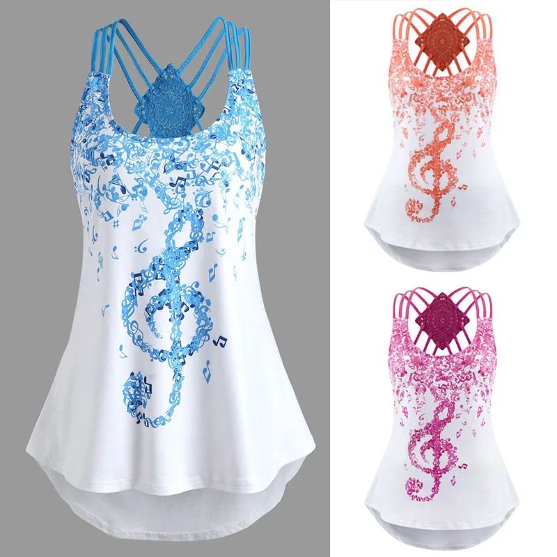 

Ladies' Bandages Sleeveless Vest Top Musical Notes Print Strappy Tank Tops