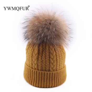 

Autumn Winter Female Knitted Ladies Beanies Caps Warm Women Skullies Hat With Raccoon Fur Pompom Gorro Ski Girl Hats 2019 New