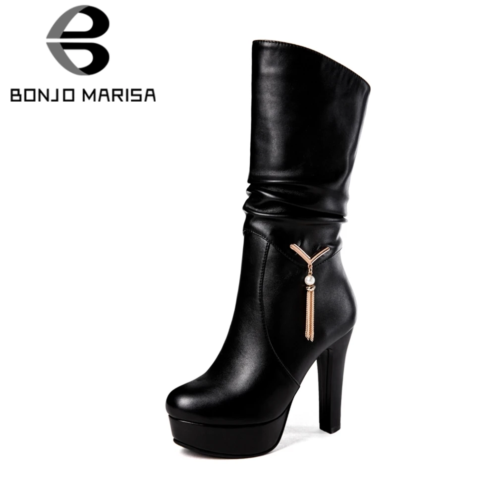Ceny BONJOMARISA Big Size 34 43 elegancka czarna plisowana midi buty ze skórki cielęcej kobiet 2020 buty na platformie damskie slip on wysokie obcasy buty kobieta