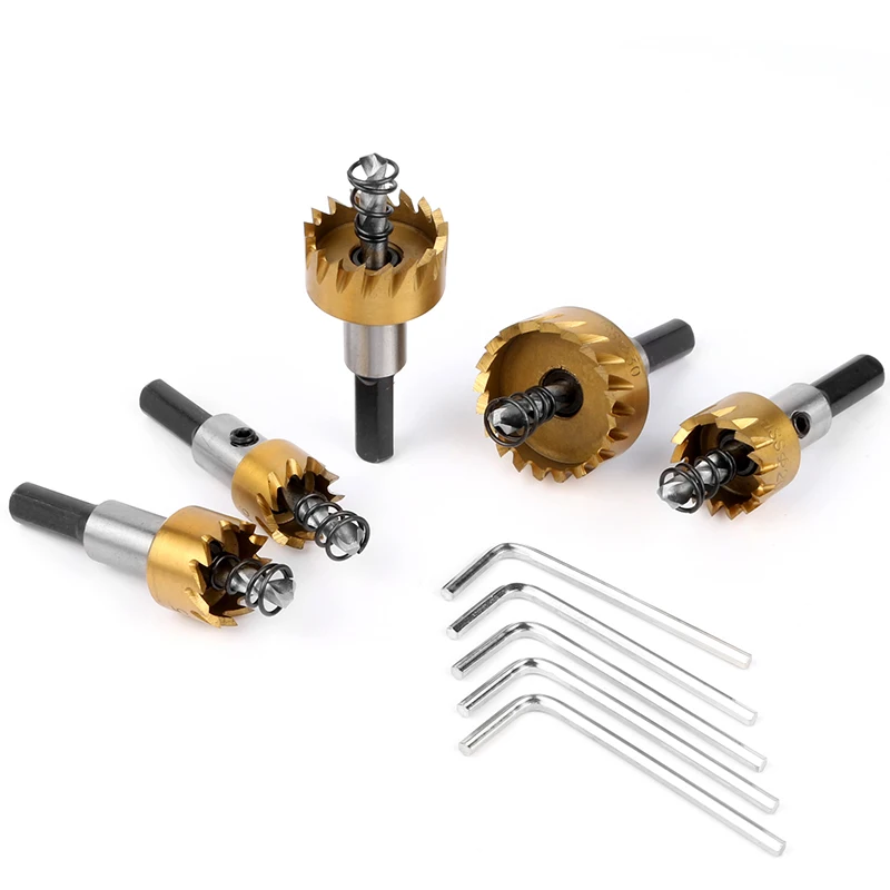Hot 5Pcs HSS Titanium Twist Drill Set Hole Saw Stainless Steel Aluminum Iron Tools 16 / 18.5 / 20/25 / 30mm W / 5 Wrenches