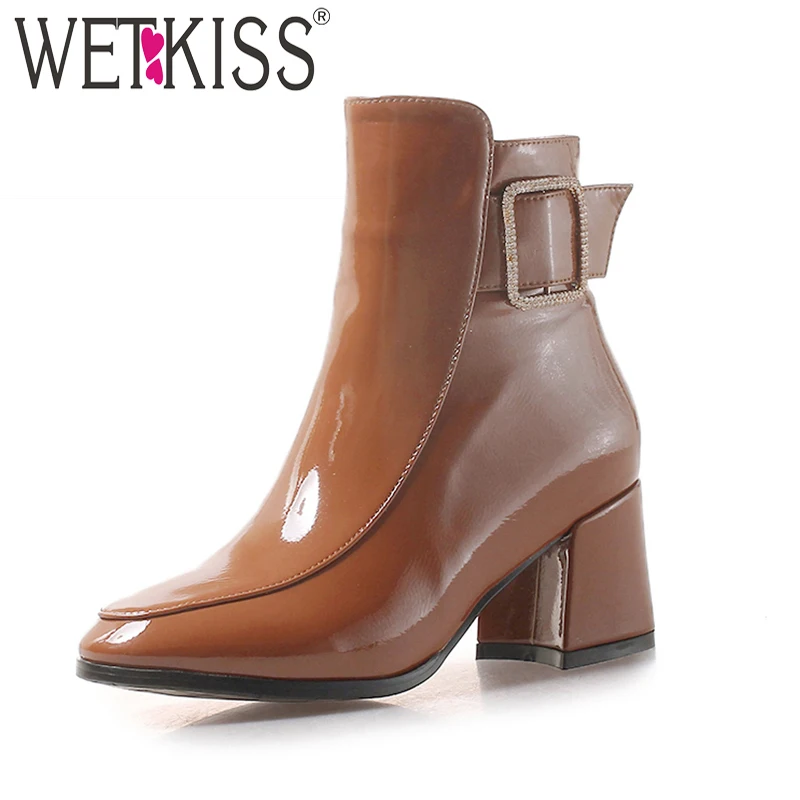 

WETKISS Patent Pu Women Ankle Boots Square Toe Crystal Footwear High Heels Female Ankle Boot Shoes Women 2019 Winter Black New