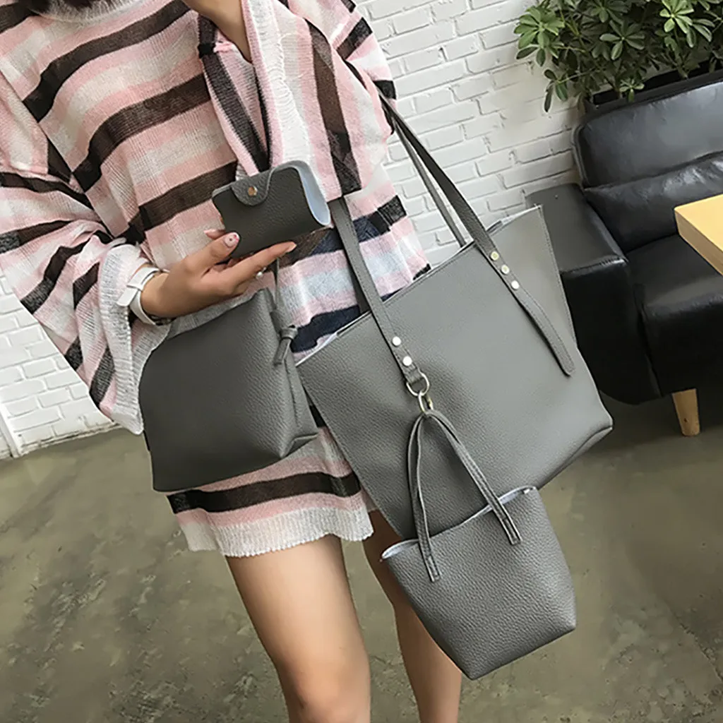 4Pcs Folding Women Big Size Handbag Tote Ladies Casual Pattern Leather Shoulder Bag+Crossbody Bag+Handbag+Wallet#3