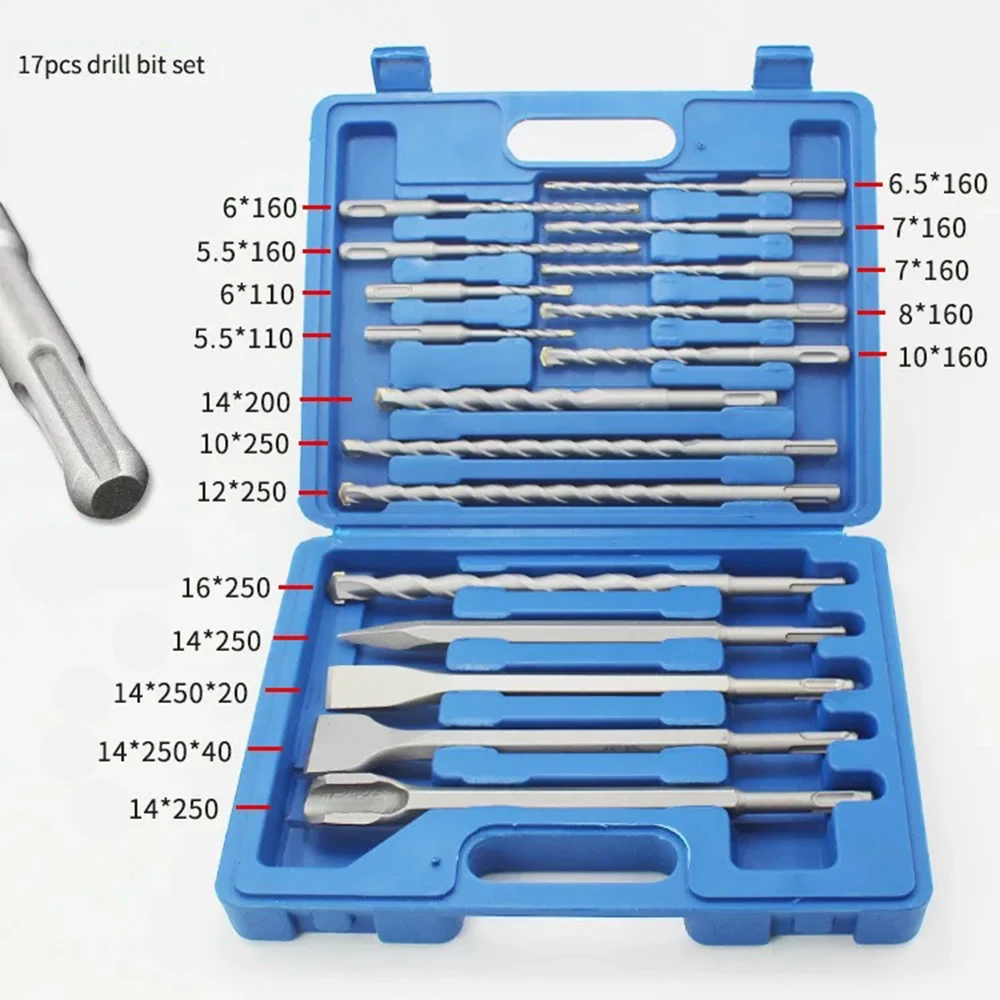 

17pcs Drill Bits Set Electric Hammer Drill Bit Chisel Hole Cutter Drilling Grooving Tools with Plastic Box Twist Drill Bits Set