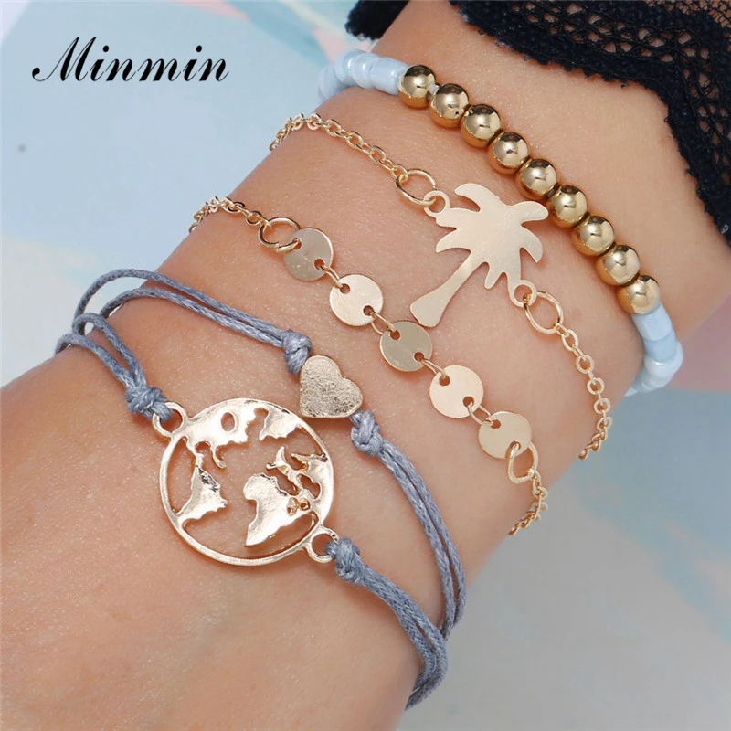 

Minmin 5 Pcs/Set Summer World Map Coconut Tree Charm Bracelets for Women Girl Heart Metal Beaded Rope Bracelet Set Jewelry SL398