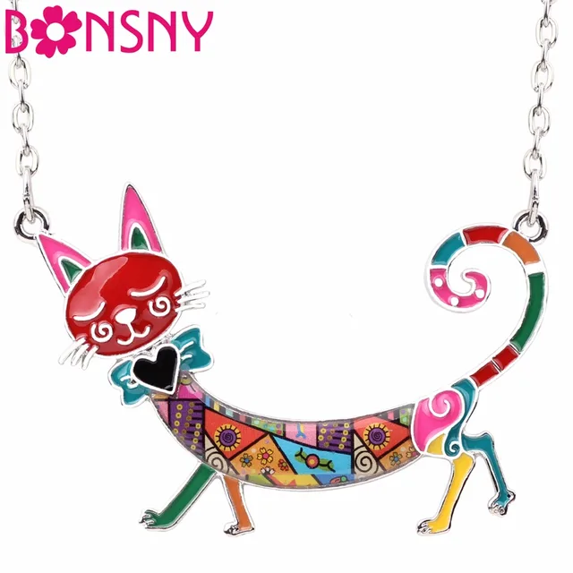 Bonsny Statement Maxi Enamel Kitten Cat Choker Necklace Alloy Pendant Chain Collar Animal Pets  Accessories Jewelry For Women