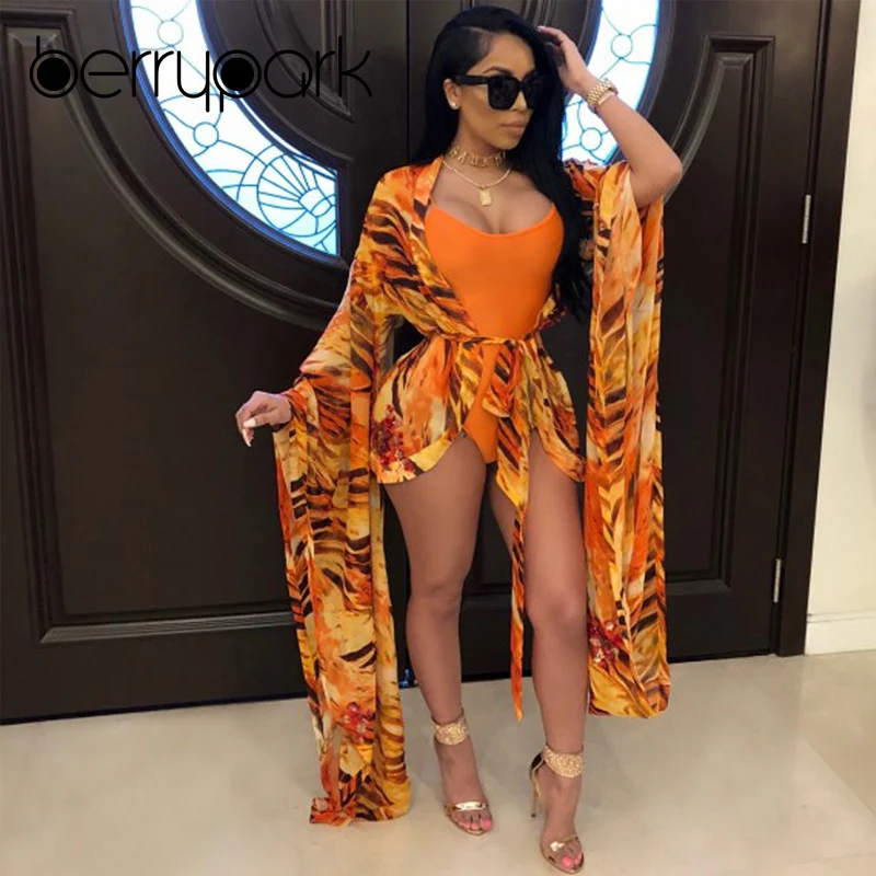 

BerryPark 2019 Orange Print Bikini Set Swimwear Swim Bodysuit + Cover Up 2 PCS Sets Bath Suit Women Elegance Beach Wear Monokini