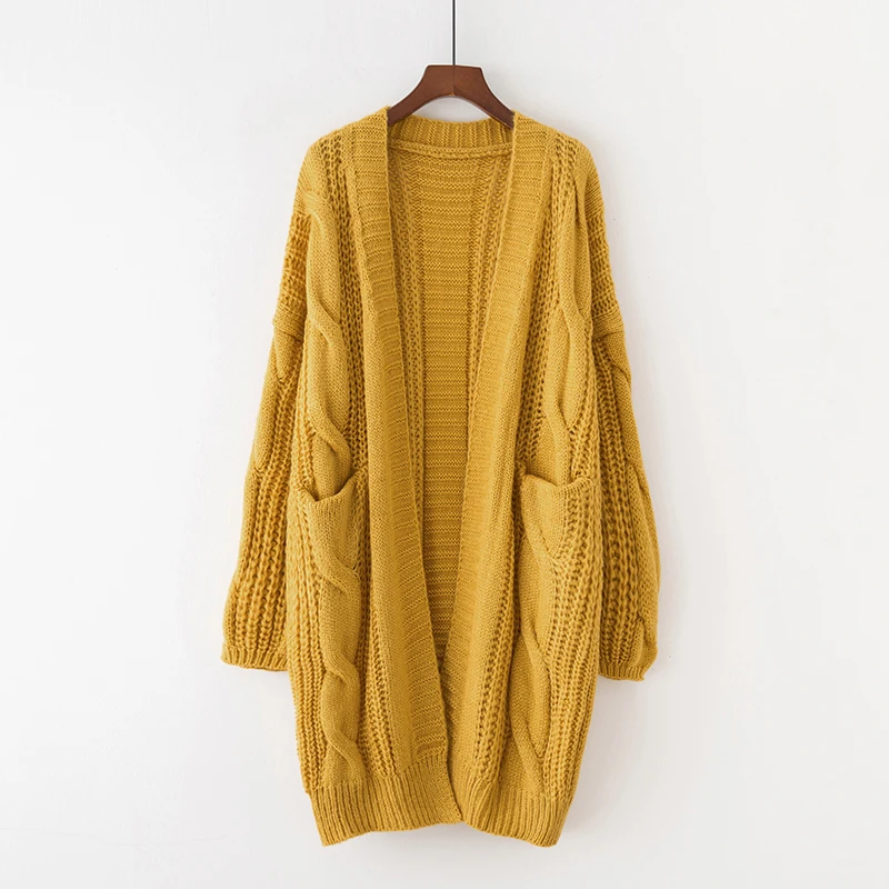 yellow PEONFLY осень зима женские длинные кардиганы открытый стежок большой карман твист длинный вязаный джемпер оверсайз трикотаж длинная куртка пальто - Цвет: yellow