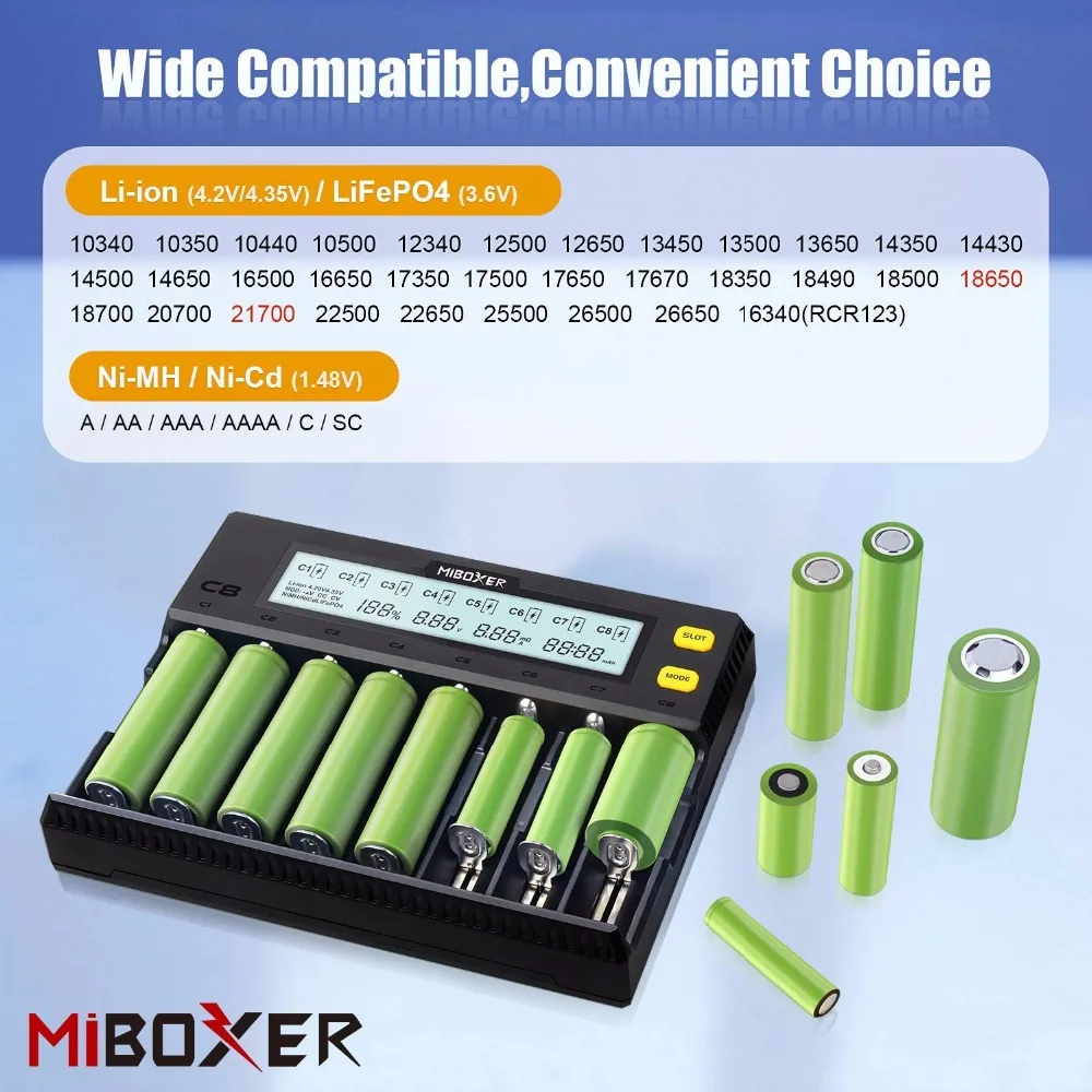 MiBOXER Battery Charger 8Slots LCD Display for Li-ion LiFePO4 Ni-MH Ni-Cd AAA 21700 20700 26650 18650 17670 RCR123 18700 MiBOXER Battery Charger 8Slots LCD Display for Li-ion LiFePO4 Ni-MH Ni-Cd AAA 21700 20700 26650 18650 17670 RCR123 18700