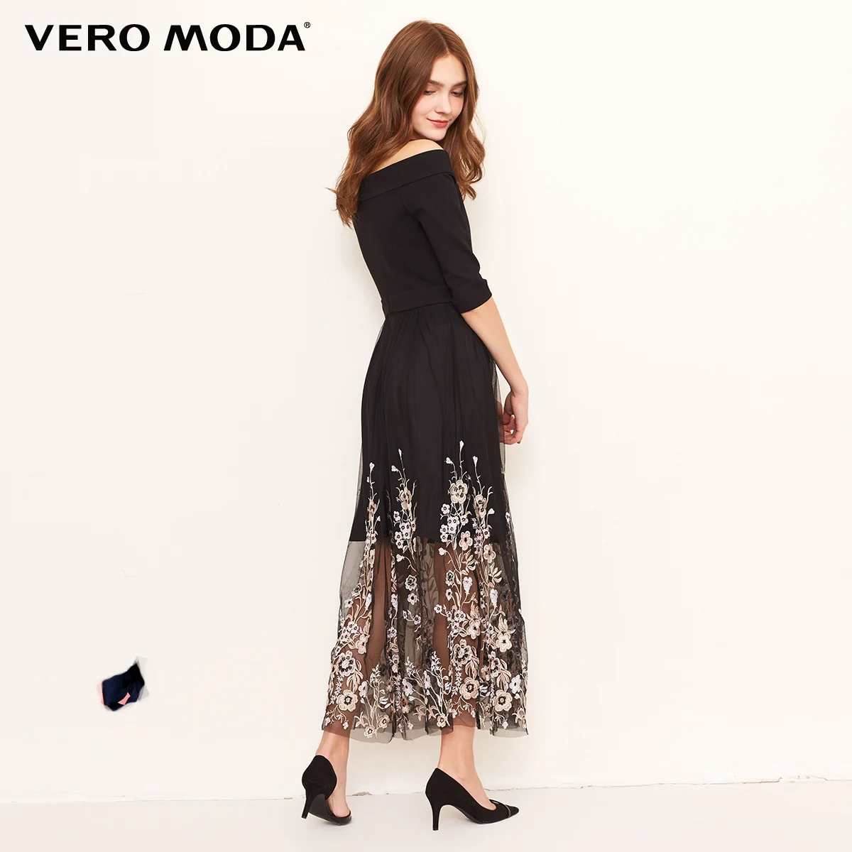 Vero Moda женские с открытыми плечами вышитые трикотажные Gauzy сплайсинга платье вечерние платья | 31837C533