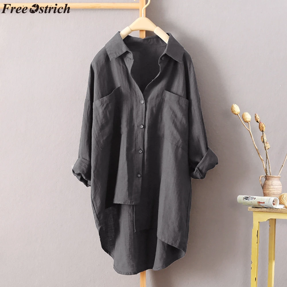 

FREE OSTRICH Women's Solid Color Fashion Blouse Pocket New Arrival V-neck Lady Loose Casual Button Ladies Shirt Plus Size Tops