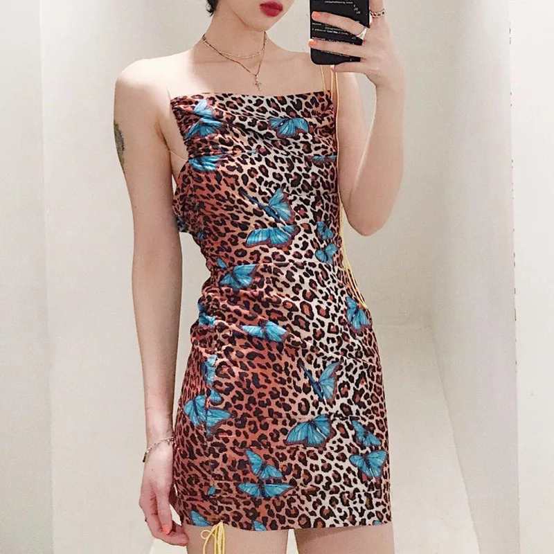 

NORMOV Bar Women Dress Sexy Slash Neck Backless Leopard Butterfly Print Spaghetti Strap Above Knee Spandex Mini Dress