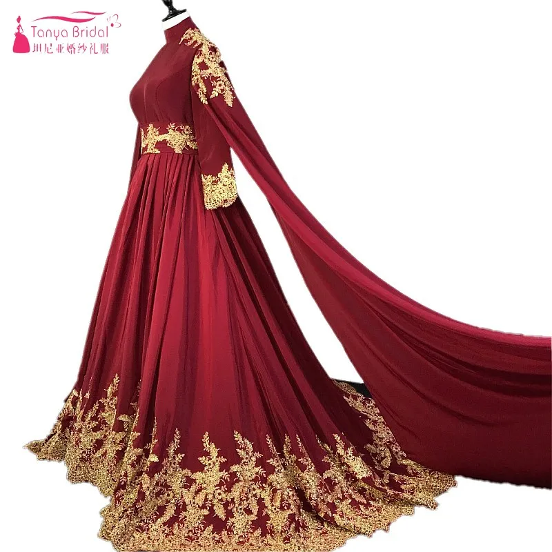 

Long Sleeves Burgundy Red Gold Lace Court Train Arabic Wedding Dresses Muslim Wedding Bride Gown With Veil Real Photos DQG027