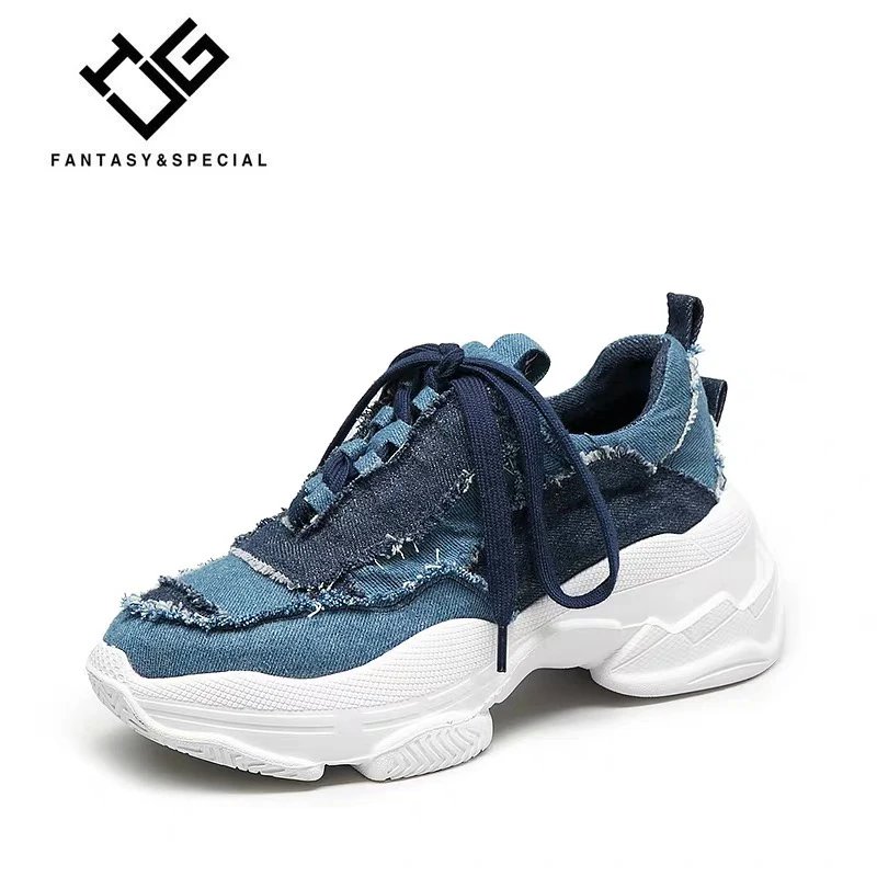 

IGU 2019 Fashion Women Platform Shoes Denim Flats Harajuku Punk Shoes Creeper Girls Lace Up Zapatillas Mujer Sneakers For Girls