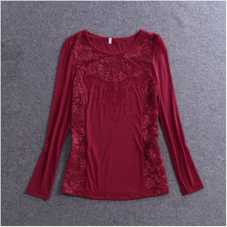 Осенняя женская футболка с кружевами, с цветочной вышивкой, женские топы с бусинами, зимние футболки, женские футболки, большие размеры 3XL, 3 цвета - Цвет: Wine Red
