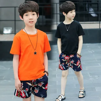 

casual 2 pcs sets solid t shirts boys summer sets clothes kids printed shorts and tees suit for big boy children clothing set