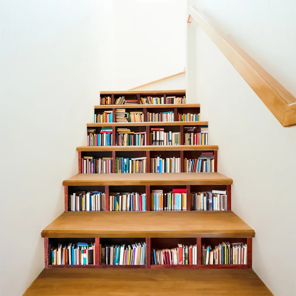 6 قطعة/المجموعة مكتبة الدرج ملصقات خزانة Stairscase الديكور لاصقة الذاتي خلفيات رف DIY بلاط الشارات ل مضحك الحياة