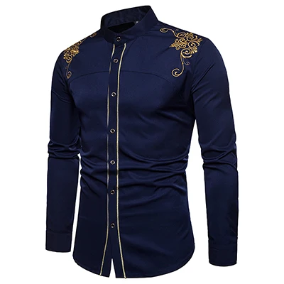 Европейский размер, мужская повседневная рубашка с длинными рукавами, топы в китайском стиле, мужские рубашки с вышивкой, хлопковые рубашки - Цвет: Тёмно-синий