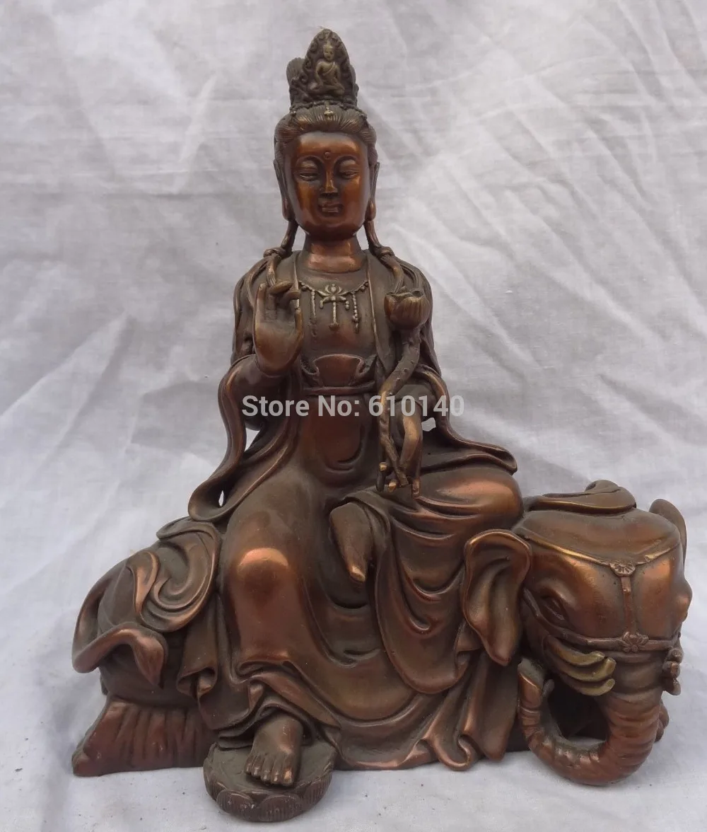 

10"China Pure Bronze Buddhism Lotus WenShu Kwan-Yin QuanYin Ride Elephant Statue