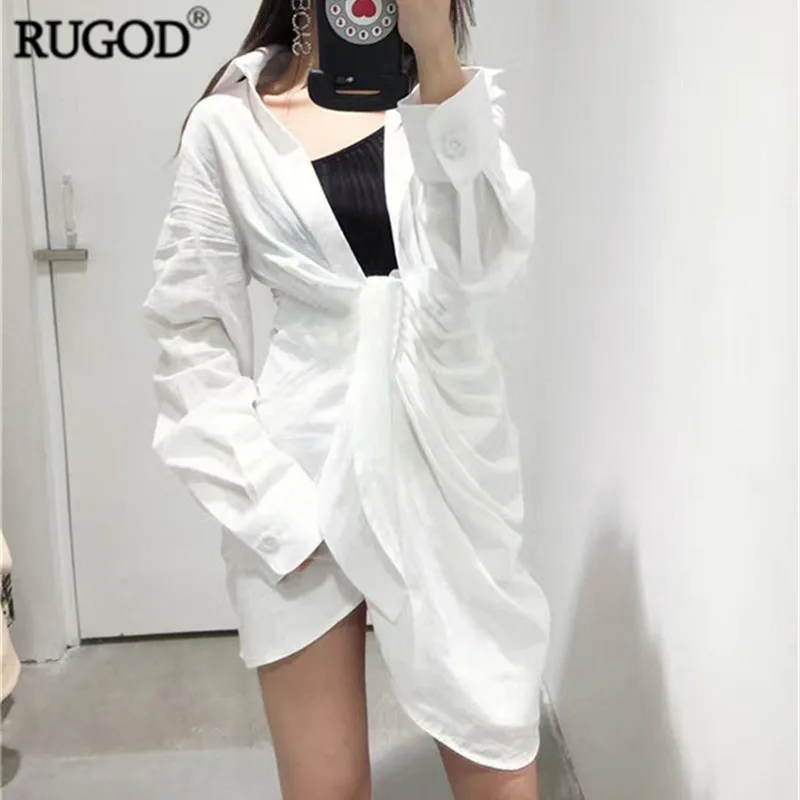 RUGOD Для женщин топ и блузка элегантный длинный белая солнце упорно рубашка Мода