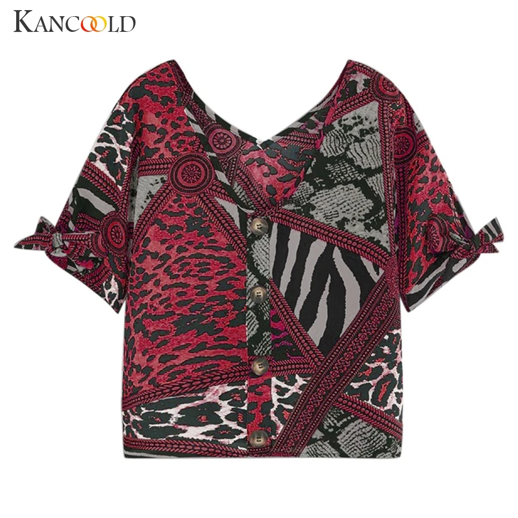

KANCOOLD top T-shirt Women's Down V Neck Leopard Print Tops Loose Button Casual Short Sleeve t-shirts women t shirts 2019Apr10