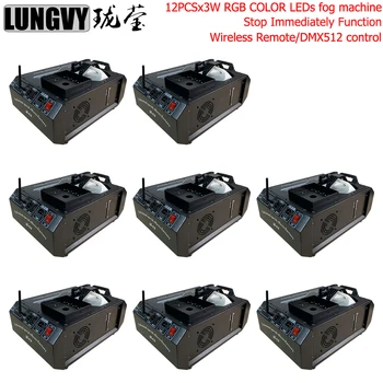 

Free Shipping 8pcs/lot Stop Immediately Function 1500W DMX Fog Machine 12x3W LED RGB Pyro Vertical Smoke Machine Professional