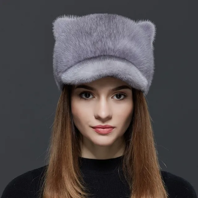Cheap Russian winter fur hat quality full pelt mink fur hat with cat ears  Genuine Leather fur  cap with bear ears for women