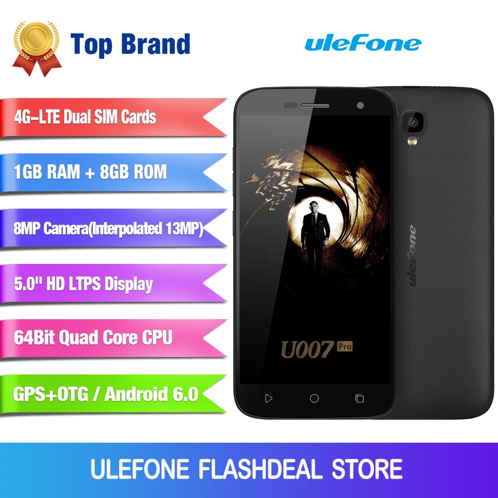 Ulefone U007 Pro мобильный телефон 5 дюймов HD 1280x720 MTK6735 четырехъядерный Android 6 0 1 Гб RAM 8 ROM 8MP