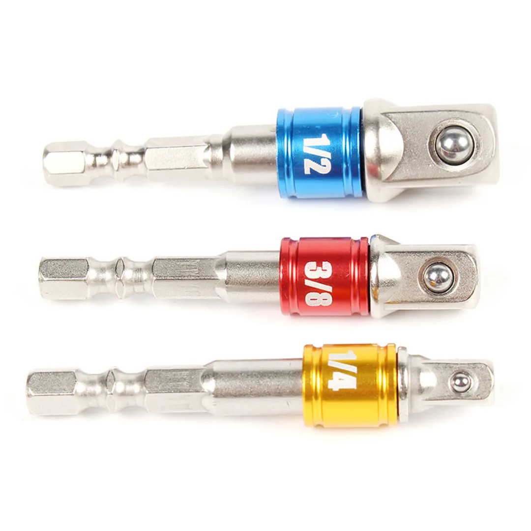 3pcs Drill Socket Adapter for Impact Driver with Hex Shank to Square Socket Drill Bits Bar Extension Set 1/4" 3/8" 1/2 Bit Set