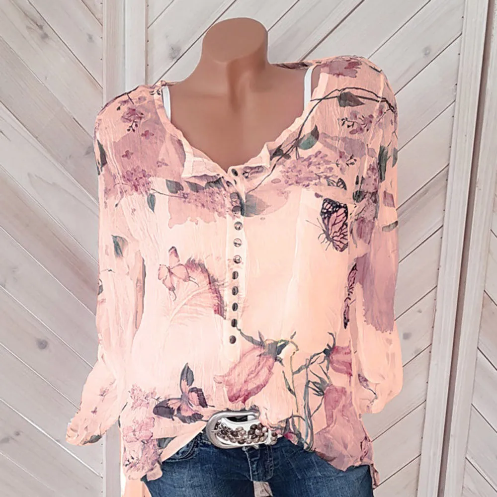 Прямая поставка, хит, Женская Повседневная летняя шифоновая рубашка на пуговицах с цветочным принтом размера плюс, блуза с асимметричным подолом, Ropa de mujer