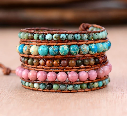 

Women Leather Bracelet Natural Stones Vintage Leather Wrap Bracelet Beaded Weaving Cord Bracelet Leather Jewelry Factory