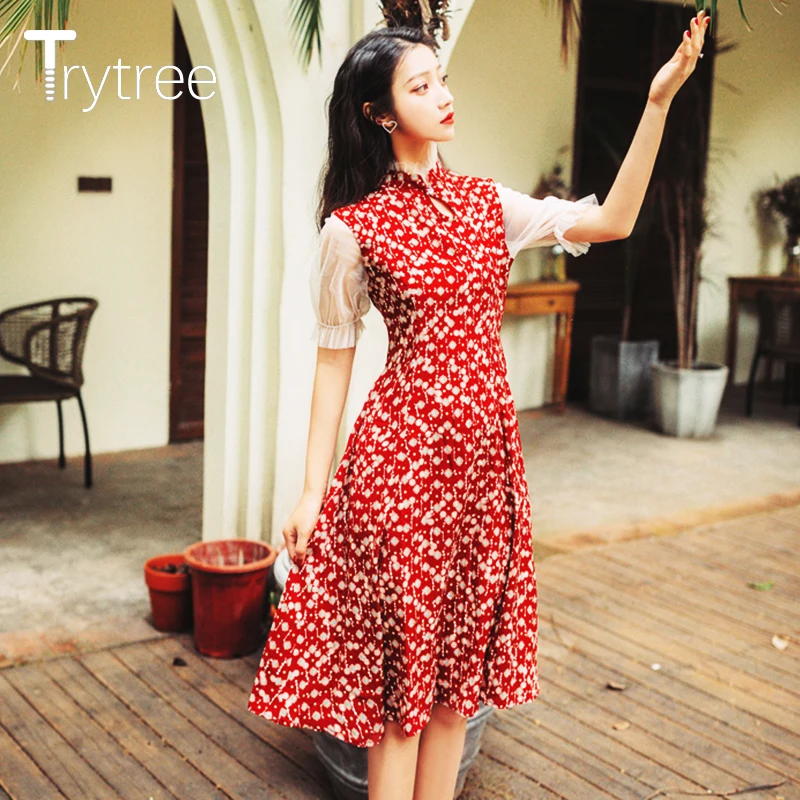 Trytree Summer Women Dress Casual Elegant Mandarin Collar Lantern Sleeve Ruffles Print Dresses Mid-Calf A-line Cheongsam Dress