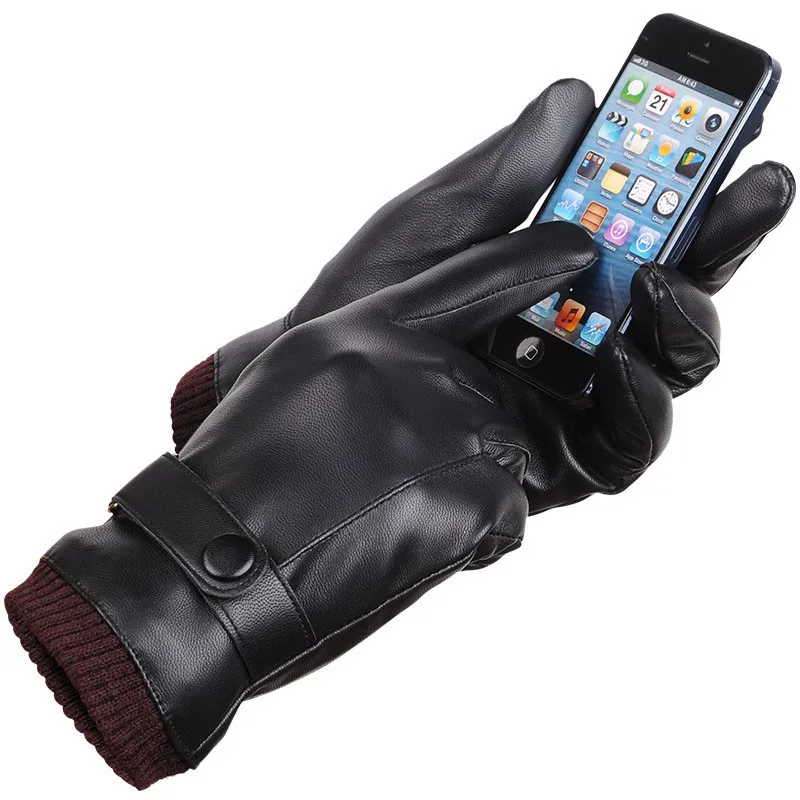 Теплые мужские перчатки из искусственной кожи, Зимние перчатки для езды на велосипеде с сенсорным экраном, мягкие черные перчатки