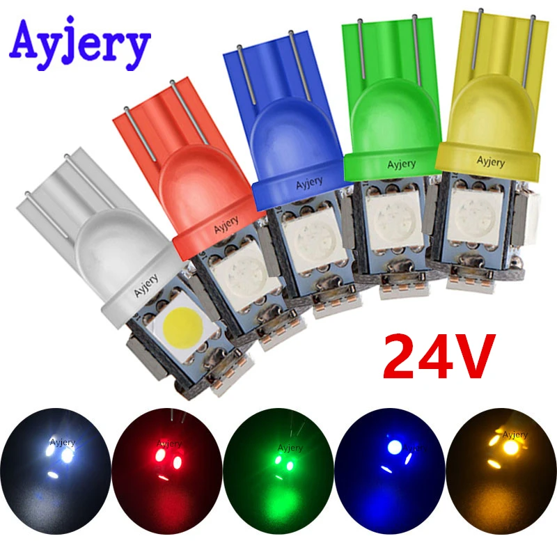 

AYJERY 24V DC 10pcs T10 Led 194 168 W5W 5050 5 SMD Colored Interior Car light Door Clearance LED Lights Mixed Color