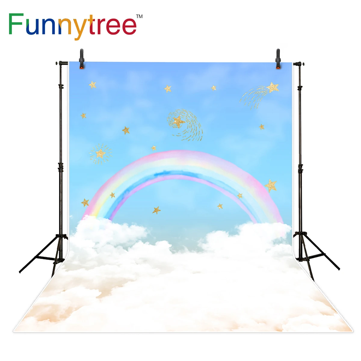 

Funnytree backdrop for photography studio rainbow sky stars cloud fairy tale kid watercolor background photocall printed