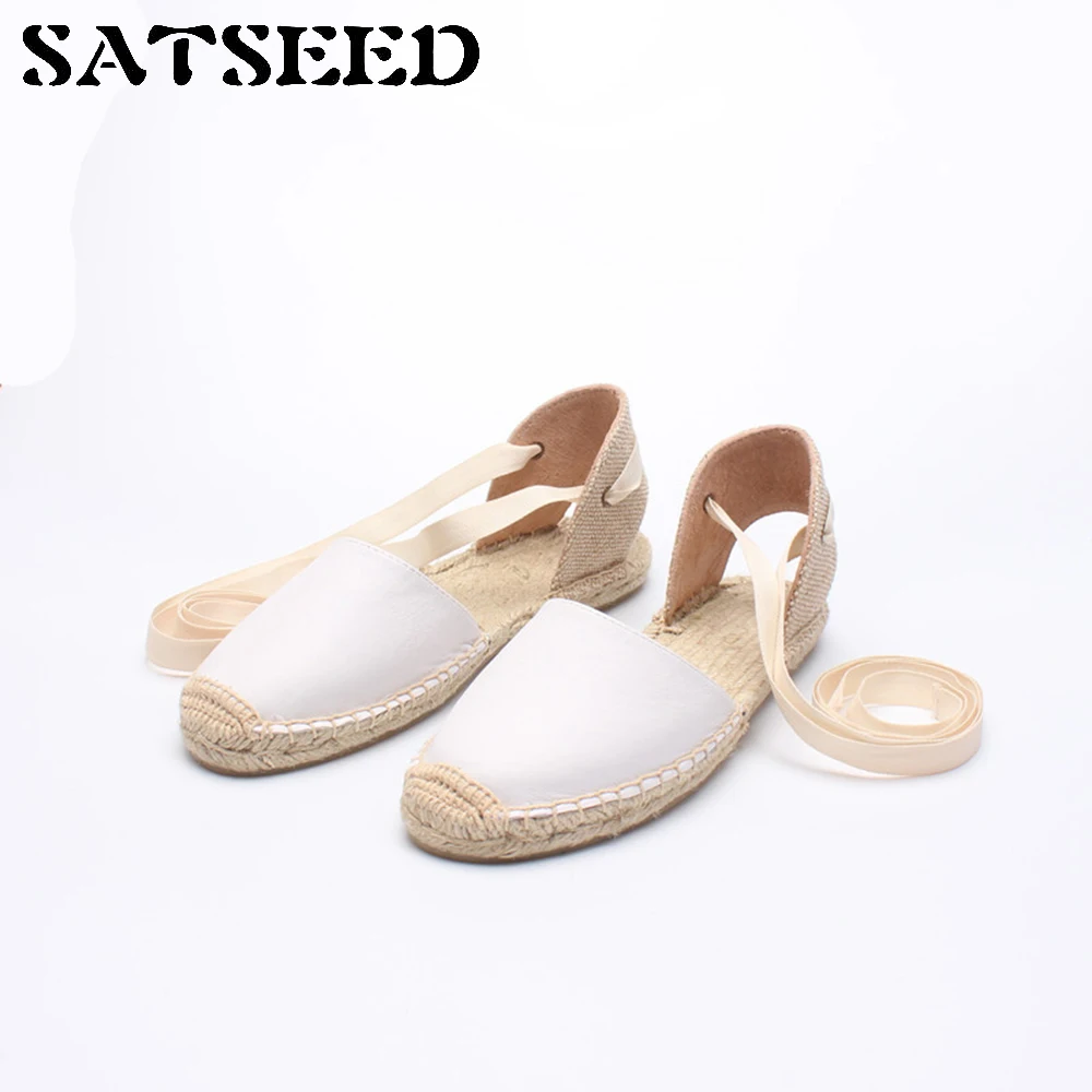 

New Hot Summer Female Flat With Hemp Genuine Leather Ankle Strap Sandals Cross Tied Fisherman Straw Casual Shoes