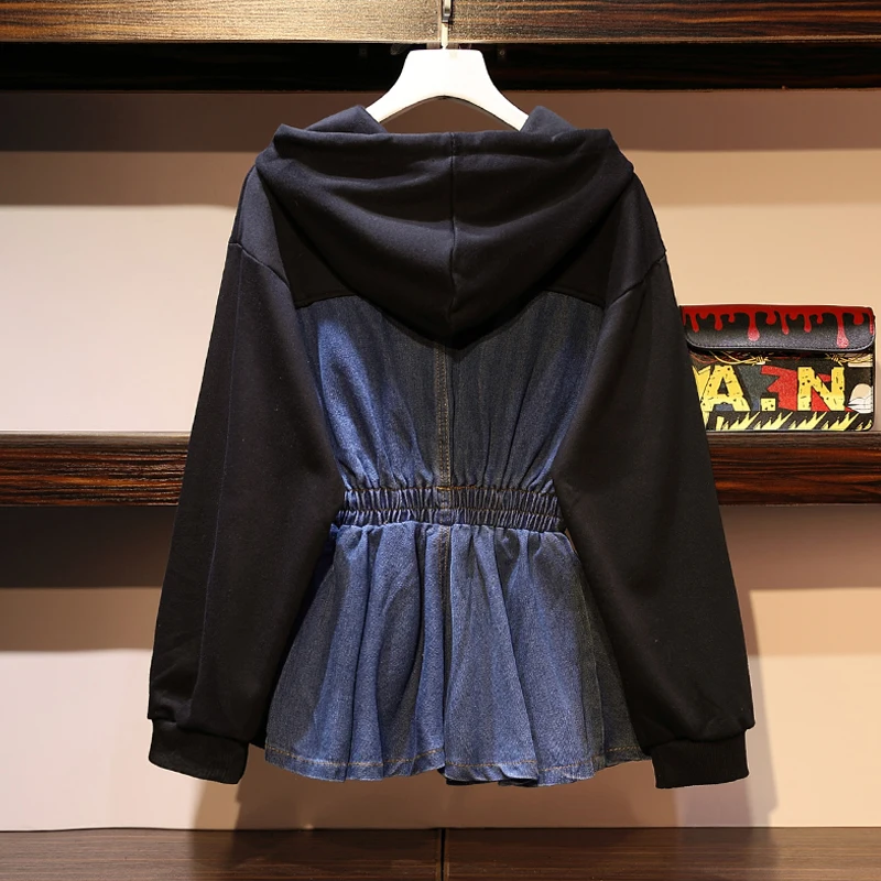 plus size women fat mm spring autumn bf wind splice Hooded jean jacket female denim Korean jacket women tide veste femme coat  