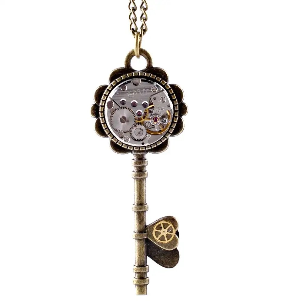 Steampunk Jewelry Vintage Key Pendant Watch Movement Gears Necklace Unique Handmade Jewelries Long Sweater Chain