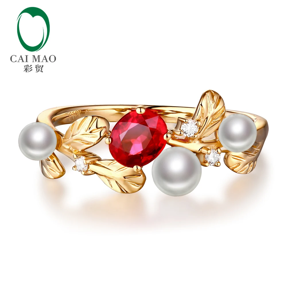 Caimao 14 К золото природных 0.49ct ruby с жемчугом и стразами Винтаж Дизайн Обручение обручальное кольцо