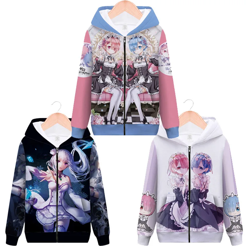 Cosroad Rem Ram Cosplay Hoodie Re:Zero Starting Life in Another World Costumes Men Women Hooded Zipper 3D Printed Jacket Coats