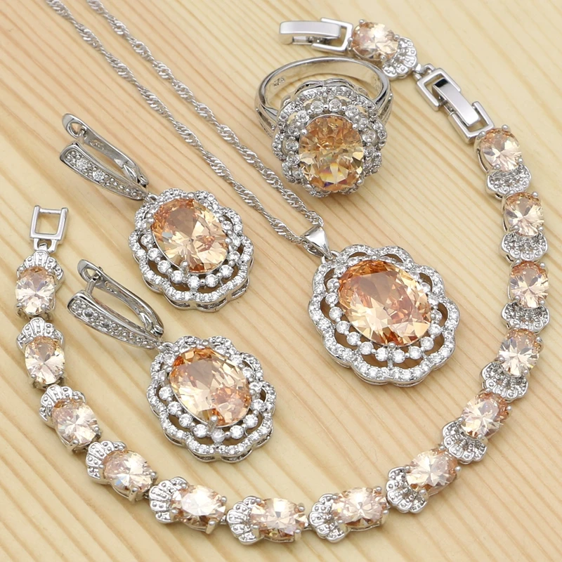 

925 Silver Sets For Women Champagne Cubic Zirconia White Crystal Ring/Bracelet/Necklace/Pendant/Earrings Jewelry Silver Kits