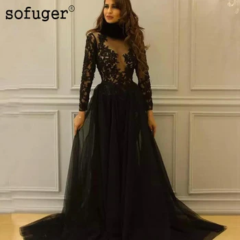 

Sofuge Black Long Sleeve Evening Dresses Black Lace Appliques Long Transparent Sleeve Tulle Arabic Muslim Special Occasion